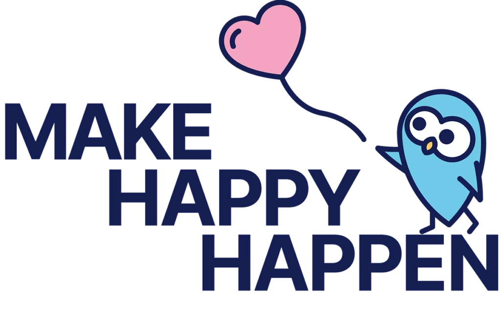 Ollie the owl lets pink heart shaped balloon go walking on of Make Happy Happen slogan 