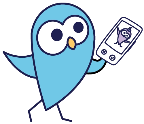 Ollie the owl talking to a friend on the phone that has the friend's profile on the screen